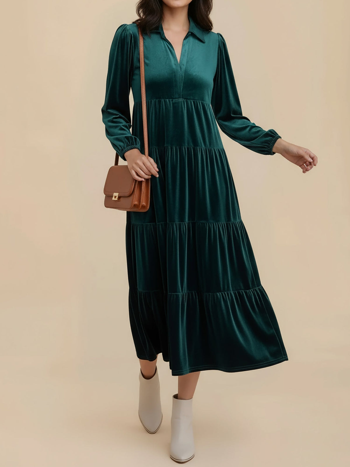 Kirsten | Velvet Tiered Long Sleeve Midi Dress for Women, Cocktail