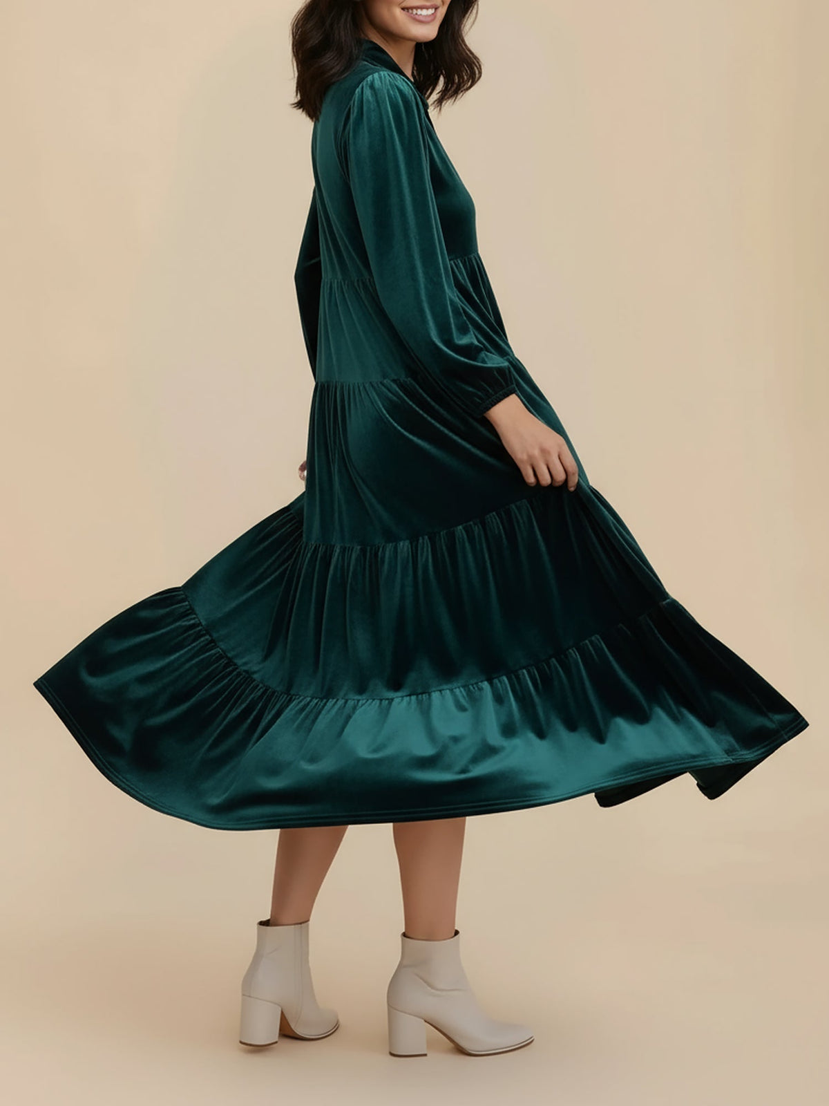 Kirsten | Velvet Tiered Long Sleeve Midi Dress for Women, Cocktail