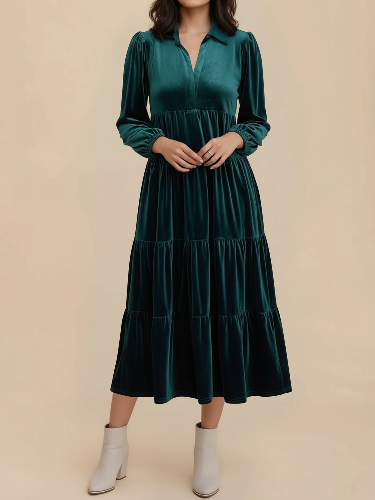 Kirsten | Velvet Tiered Long Sleeve Midi Dress for Women, Cocktail