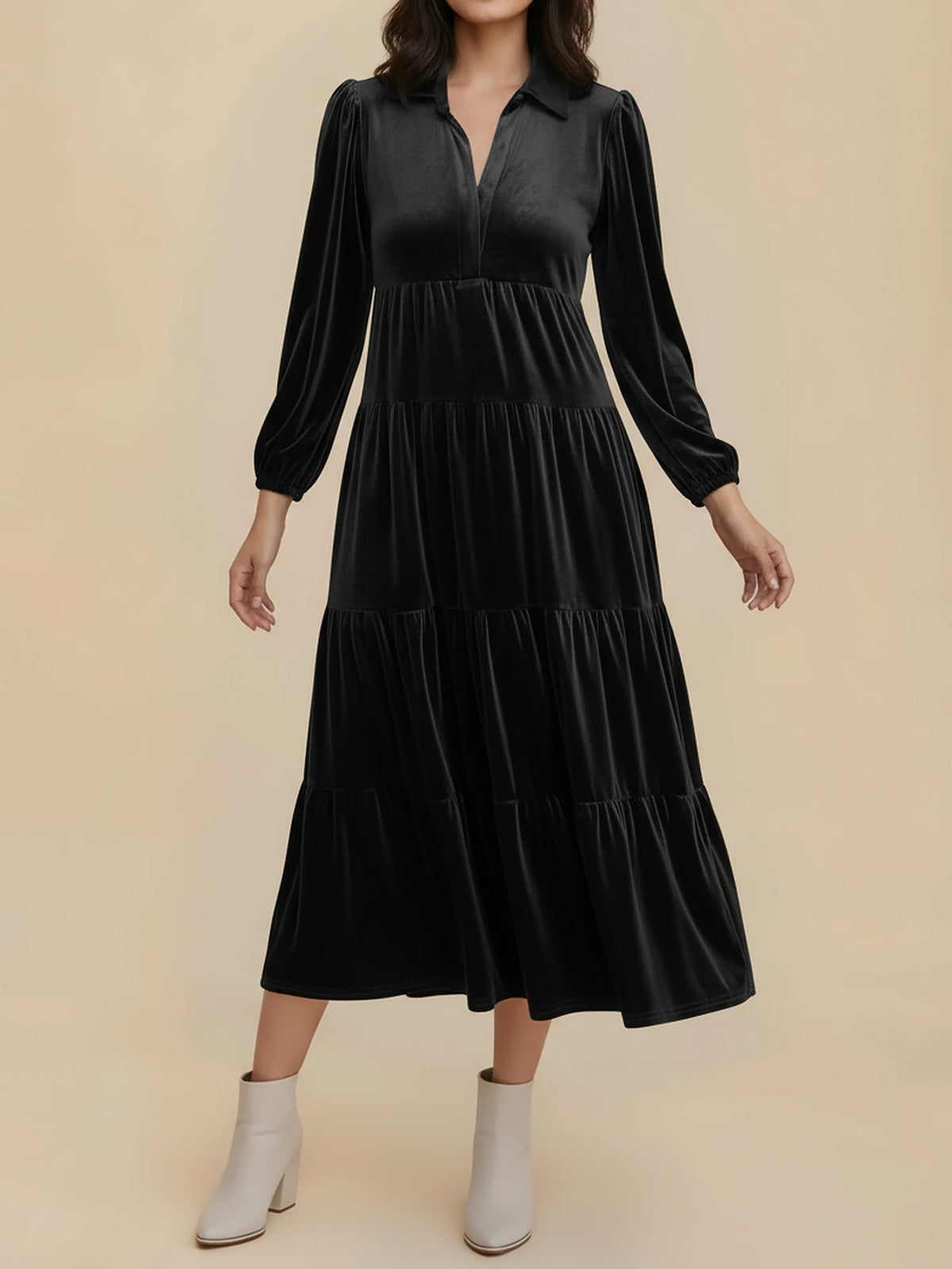 Kirsten | Velvet Tiered Long Sleeve Midi Dress for Women, Cocktail