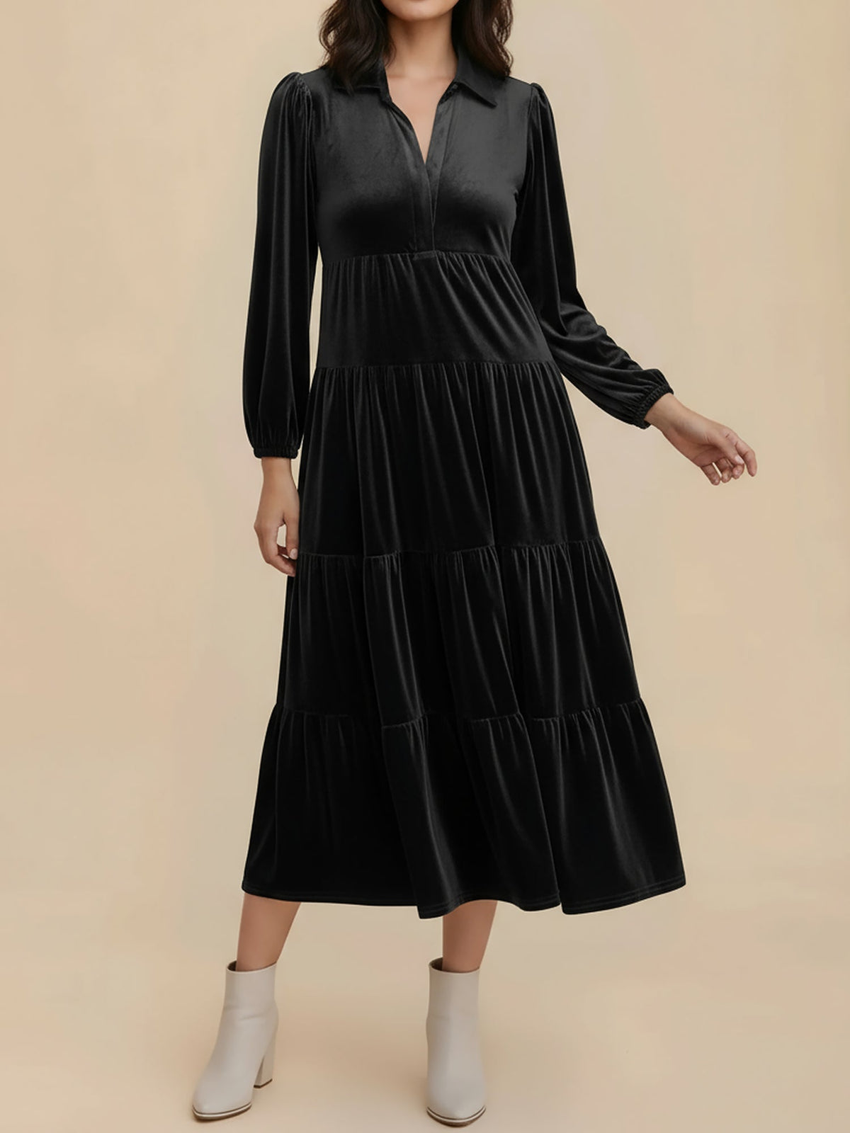 Kirsten | Velvet Tiered Long Sleeve Midi Dress for Women, Cocktail