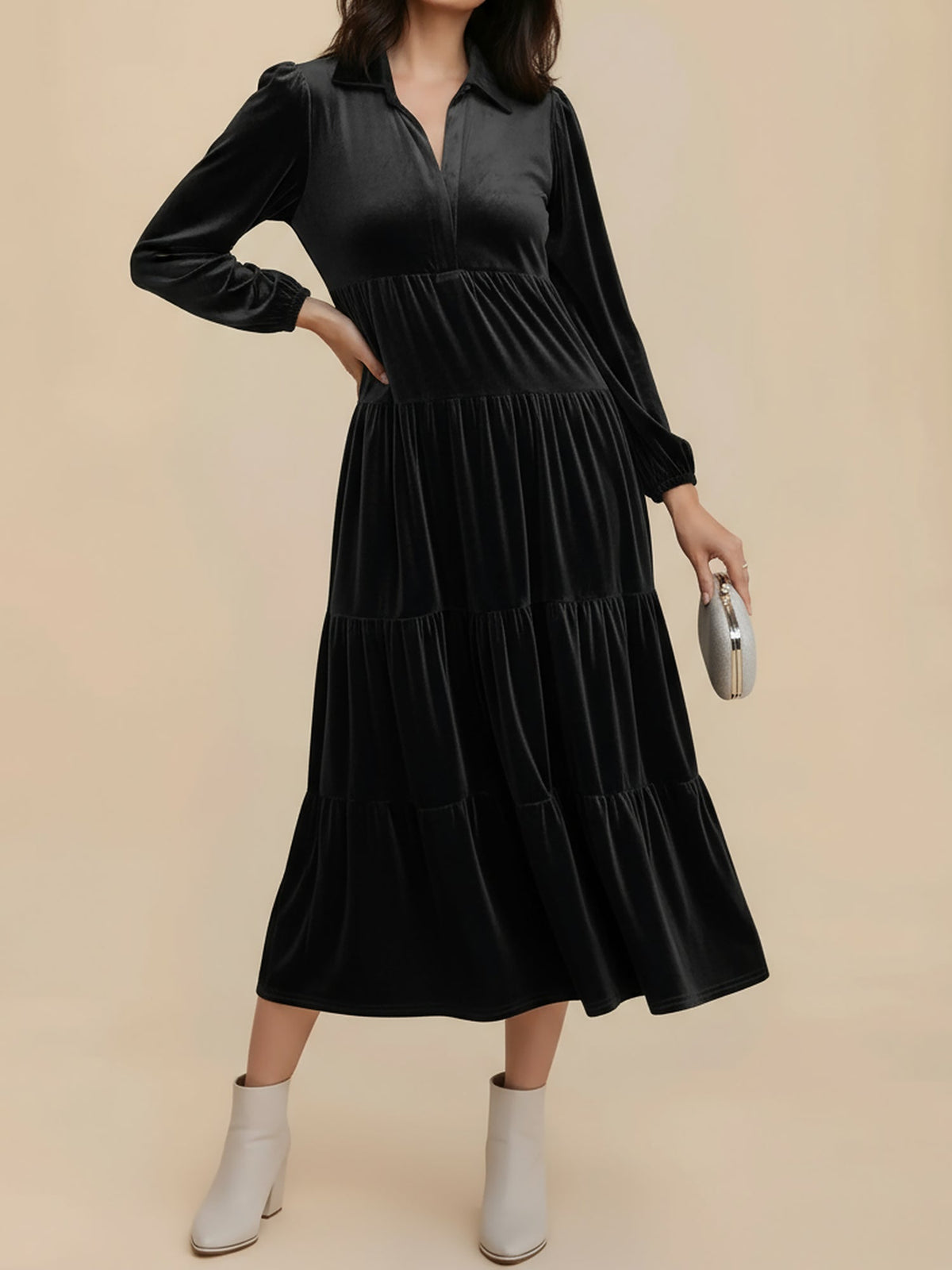 Kirsten | Velvet Tiered Long Sleeve Midi Dress for Women, Cocktail