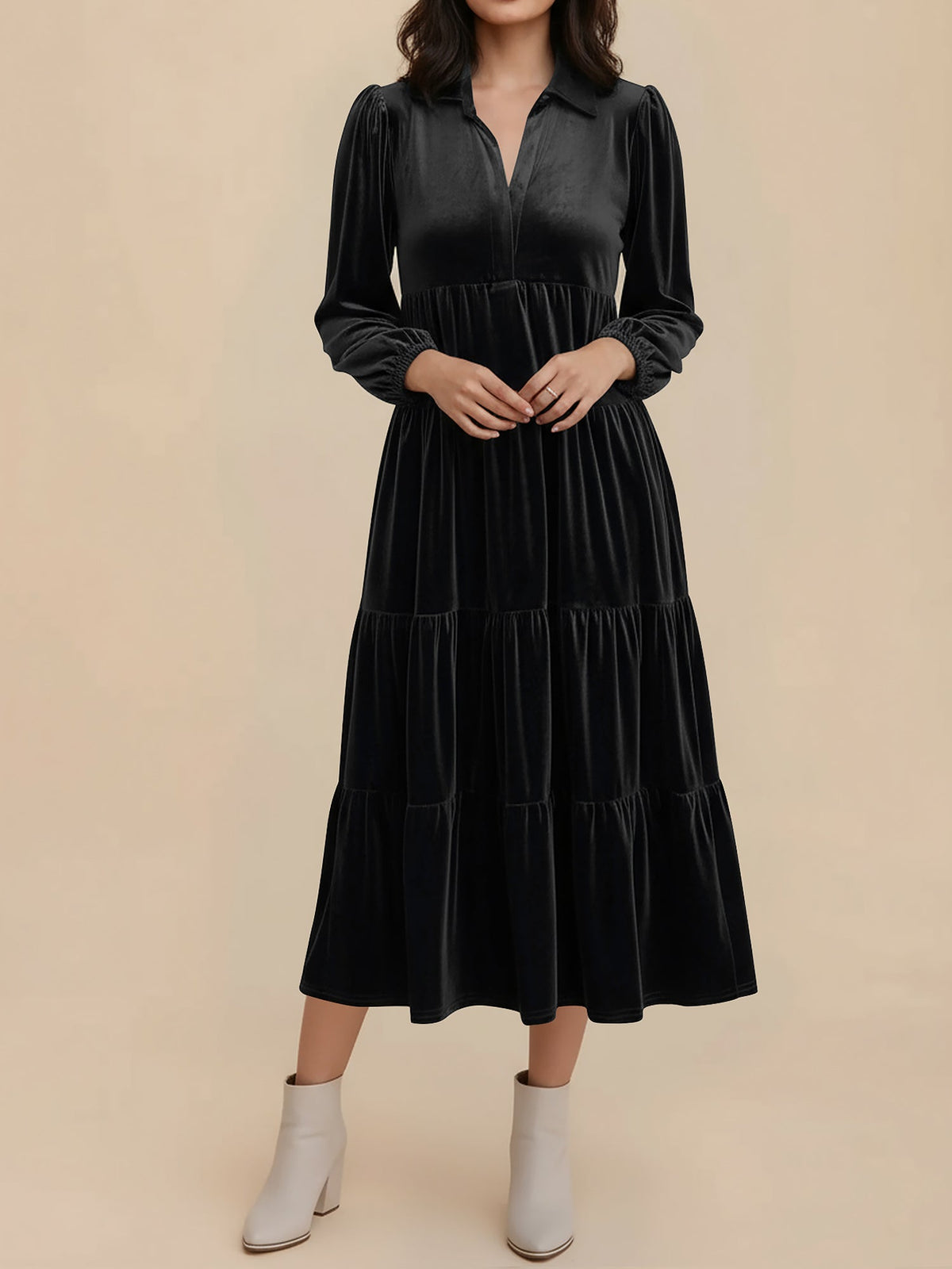 Kirsten | Velvet Tiered Long Sleeve Midi Dress for Women, Cocktail