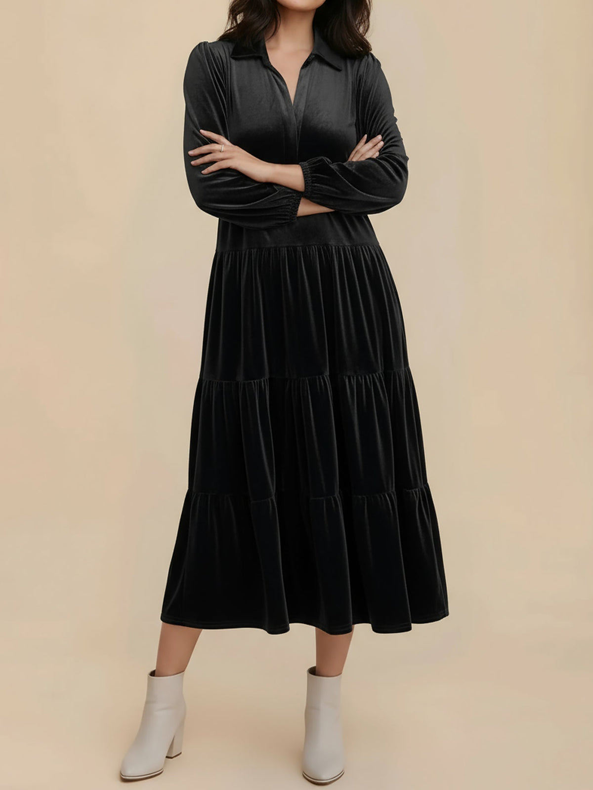 Kirsten | Velvet Tiered Long Sleeve Midi Dress for Women, Cocktail