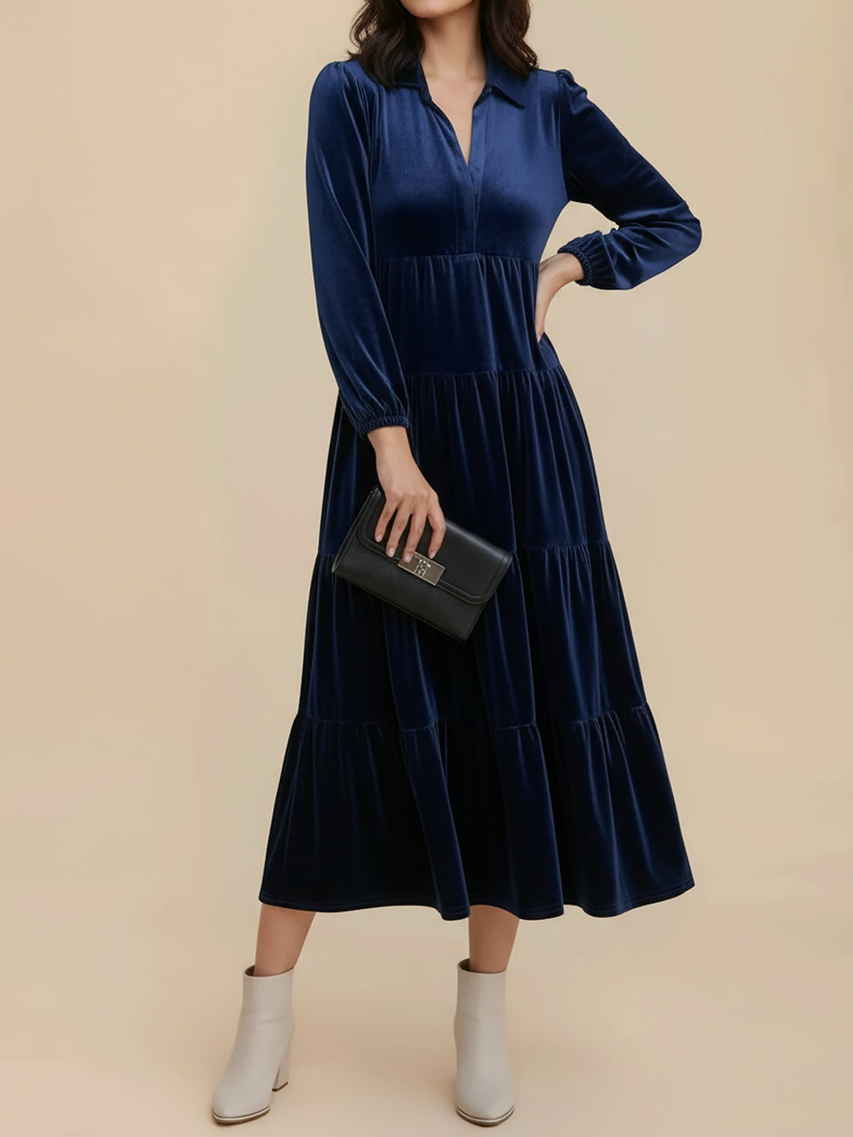 Kirsten | Velvet Tiered Long Sleeve Midi Dress for Women, Cocktail
