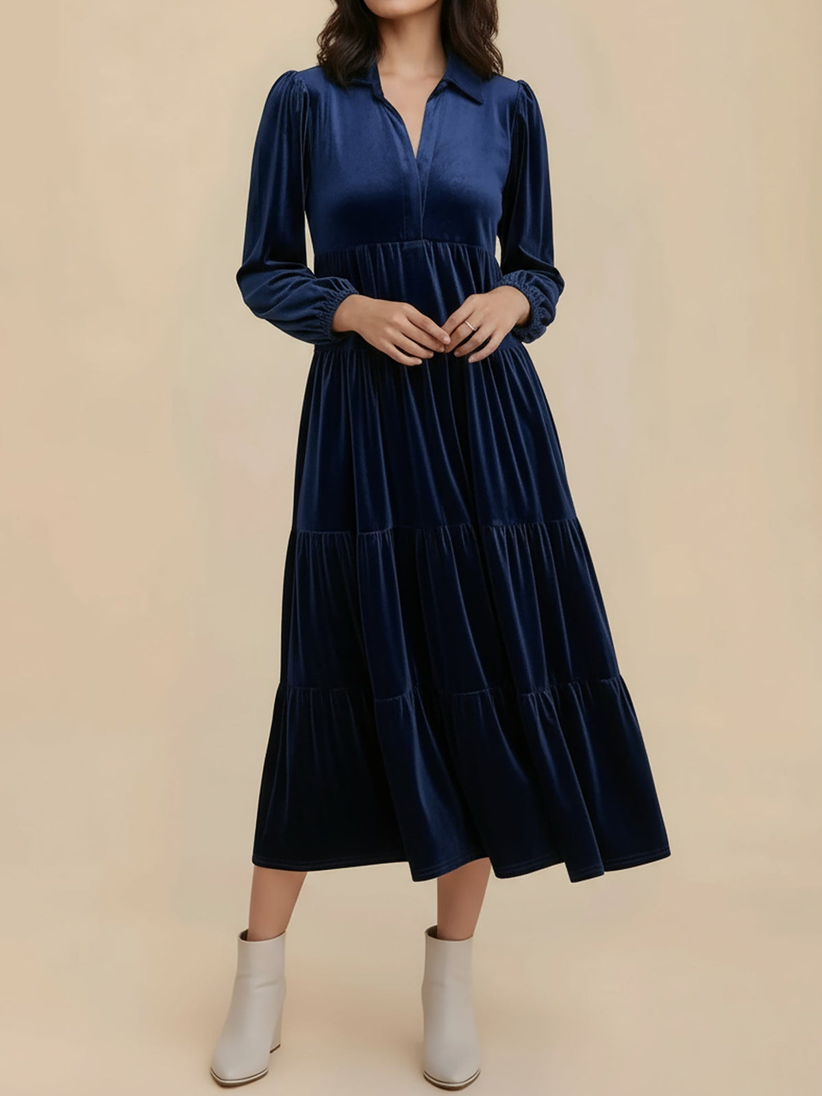 Kirsten | Velvet Tiered Long Sleeve Midi Dress for Women, Cocktail