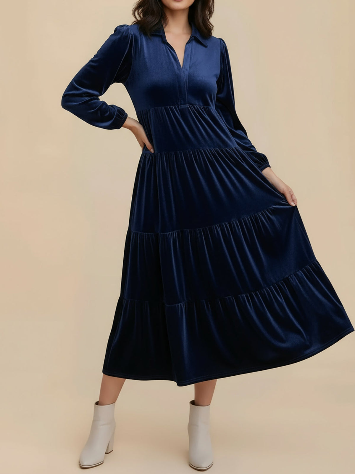 Kirsten | Velvet Tiered Long Sleeve Midi Dress for Women, Cocktail
