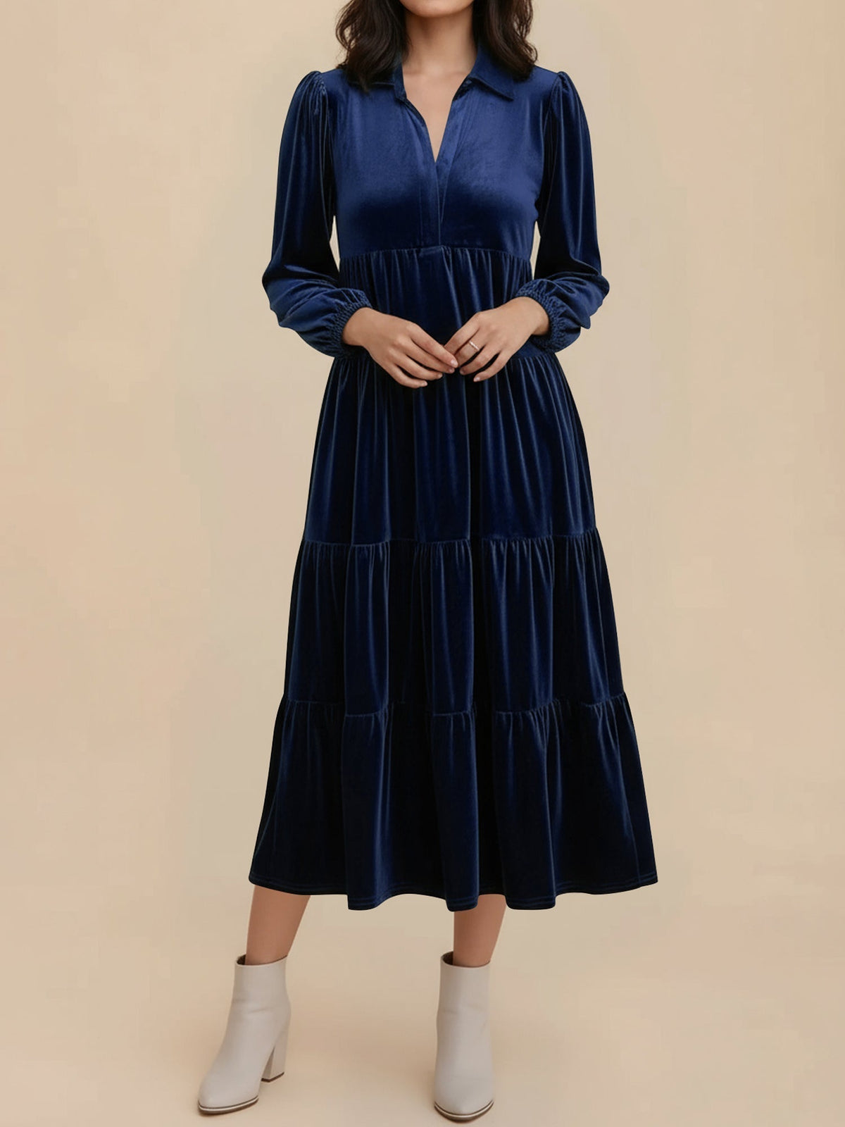 Kirsten | Velvet Tiered Long Sleeve Midi Dress for Women, Cocktail