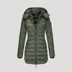 Green Isabella long puffer jacket for women by Christine Brewer, featuring a warm, padded design with a high collar and quilted pattern.