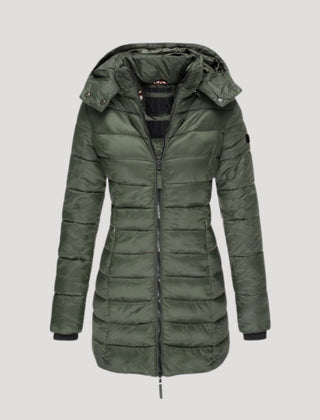Green Isabella long puffer jacket for women by Christine Brewer, featuring a warm, padded design with a high collar and quilted pattern.