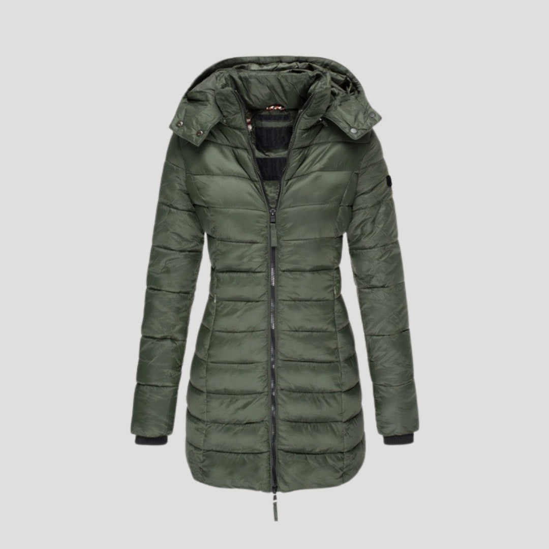 Green Isabella long puffer jacket for women by Christine Brewer, featuring a warm, padded design with a high collar and quilted pattern.