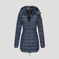 Navy long puffer jacket for women by Christine Brewer, featuring a quilted design and cozy collar, perfect for winter warmth.