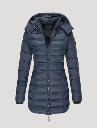 Navy long puffer jacket for women by Christine Brewer, featuring a quilted design and cozy collar, perfect for winter warmth.