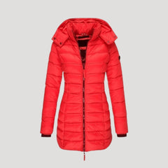 Red Isabella long puffer jacket for women by Christine Brewer, featuring a padded, insulated design and a stylish, modern silhouette.