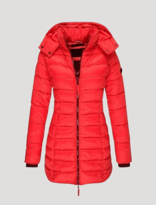 Red Isabella long puffer jacket for women by Christine Brewer, featuring a padded, insulated design and a stylish, modern silhouette.