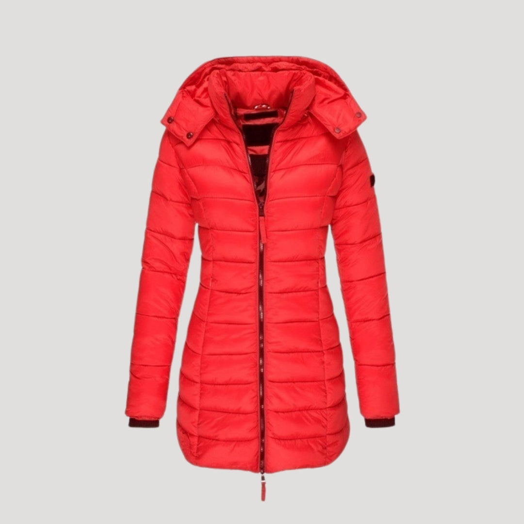 Red Isabella long puffer jacket for women by Christine Brewer, featuring a padded, insulated design and a stylish, modern silhouette.