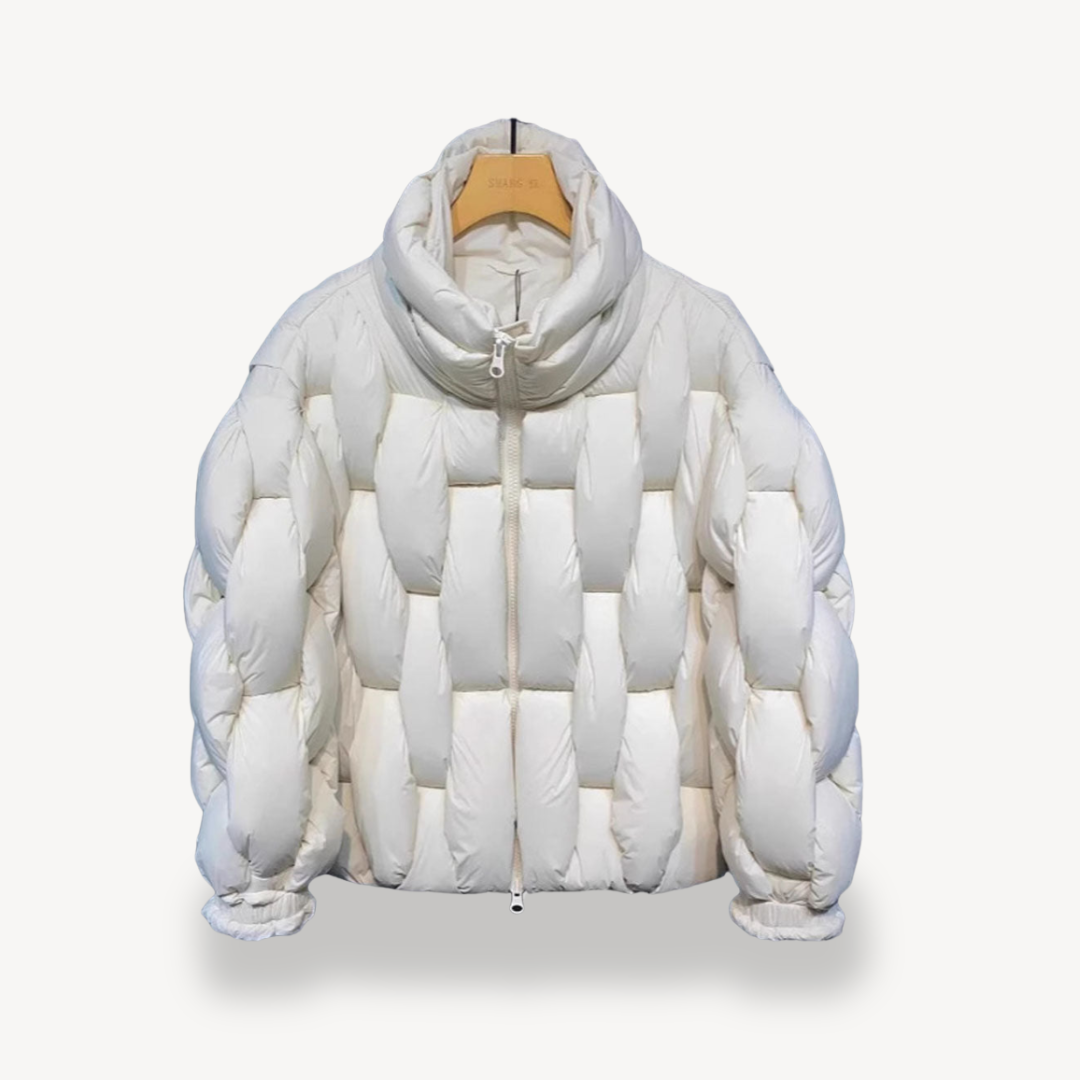 Christine Brewer Bella Cosy Puffer Jacket for Women, navy blue, padded winter coat with a high collar and quilted design.