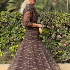 Bohemian patterned V-neck mesh maxi dress by Christine Brewer, featuring a flowing design ideal for casual or wedding occasions.