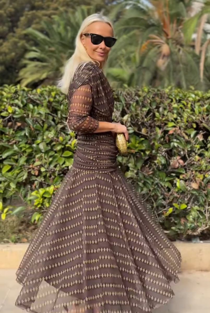 Bohemian patterned V-neck mesh maxi dress by Christine Brewer, featuring a flowing design ideal for casual or wedding occasions.