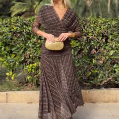 Bohemian patterned V-neck mesh maxi dress by Christine Brewer featuring a casual, elegant design for weddings and special occasions.