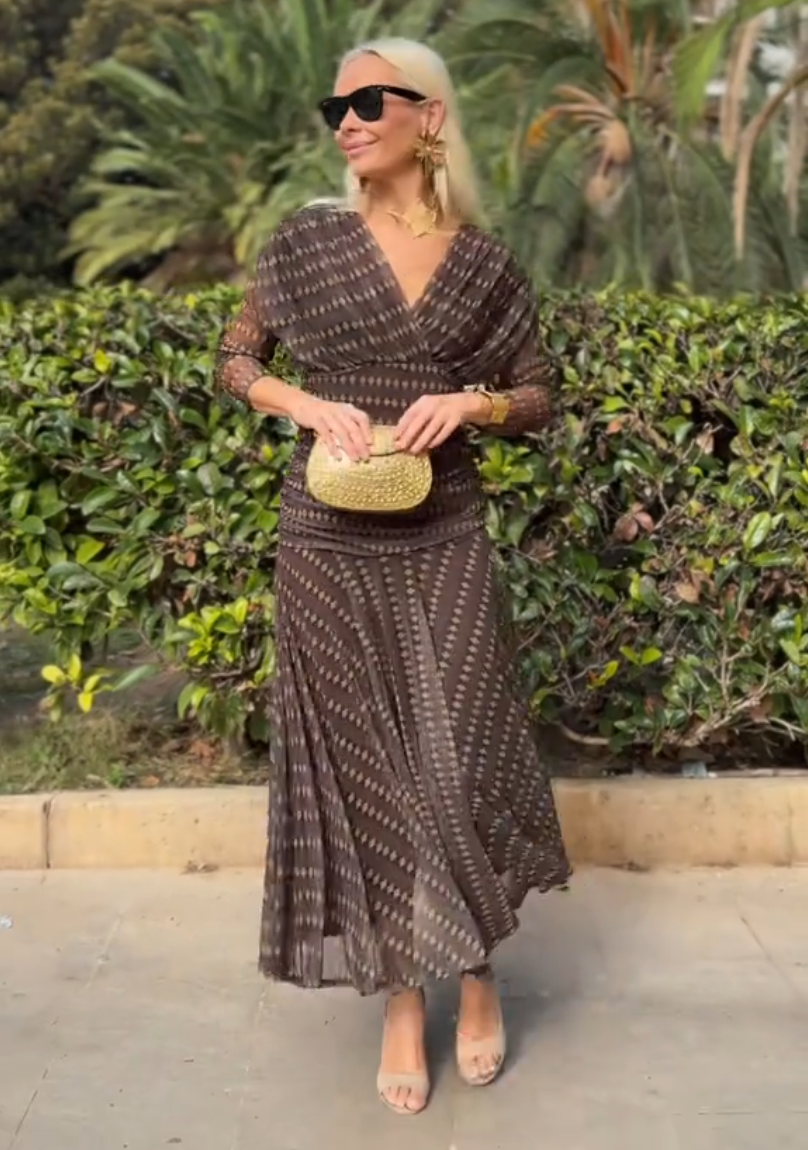 Bohemian patterned V-neck mesh maxi dress by Christine Brewer featuring a casual, elegant design for weddings and special occasions.