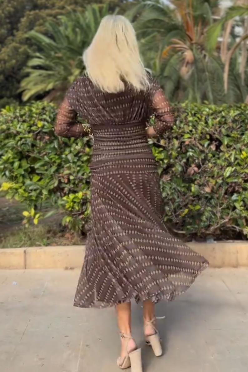 Bohemian patterned V-neck mesh maxi dress by Christine Brewer, featuring flowing fabric and casual elegance for wedding or special occasions.