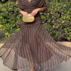 Bohemian patterned V-neck mesh maxi dress by Christine Brewer, featuring a flowing casual style suitable for weddings and events.
