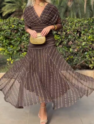 Bohemian patterned V-neck mesh maxi dress by Christine Brewer, featuring a flowing casual style suitable for weddings and events.