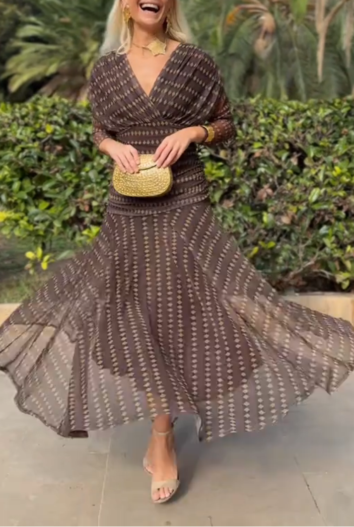 Bohemian patterned V-neck mesh maxi dress by Christine Brewer, featuring a flowing casual style suitable for weddings and events.