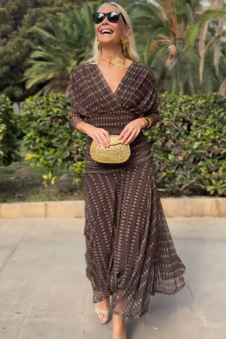 Bohemian patterned V-neck mesh maxi dress by Christine Brewer featuring a casual, flowing design suitable for weddings and events.
