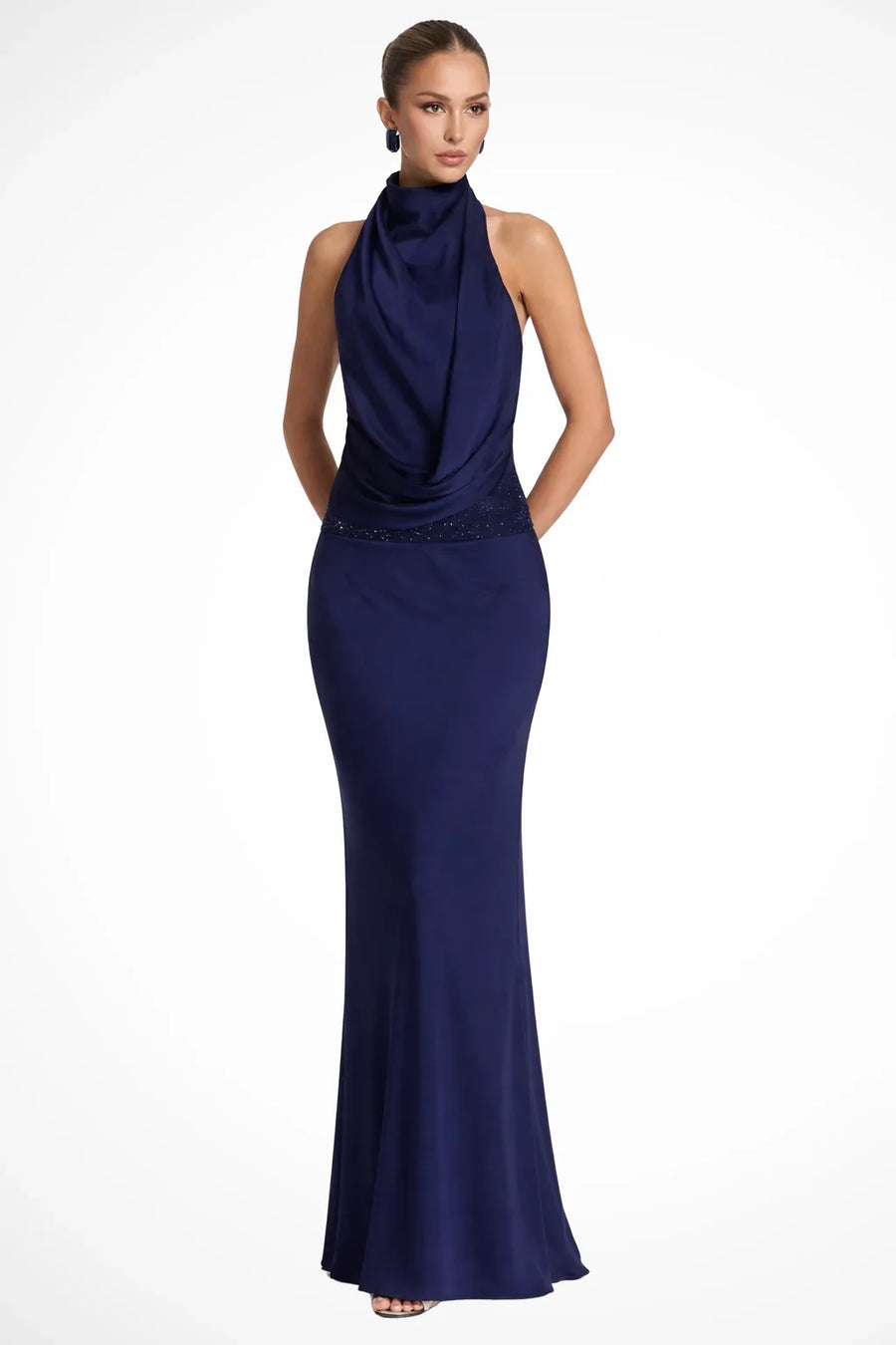 Bianca | Wedding Guest Dress Maxi Dress Women Satin Halter Neck Open Back Cowl Neck