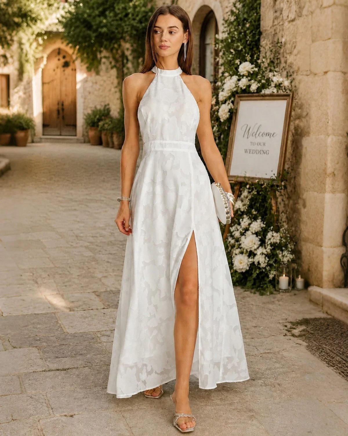 Yara | Wedding Guest Dress Cocktail Maxi Jacquard Floral Halter Neck A-Line Thigh Slit Sleeveless