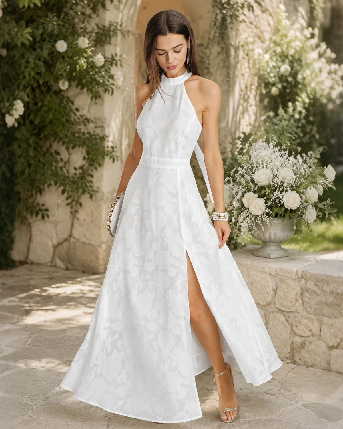 Yara | Wedding Guest Dress Cocktail Maxi Jacquard Floral Halter Neck A-Line Thigh Slit Sleeveless