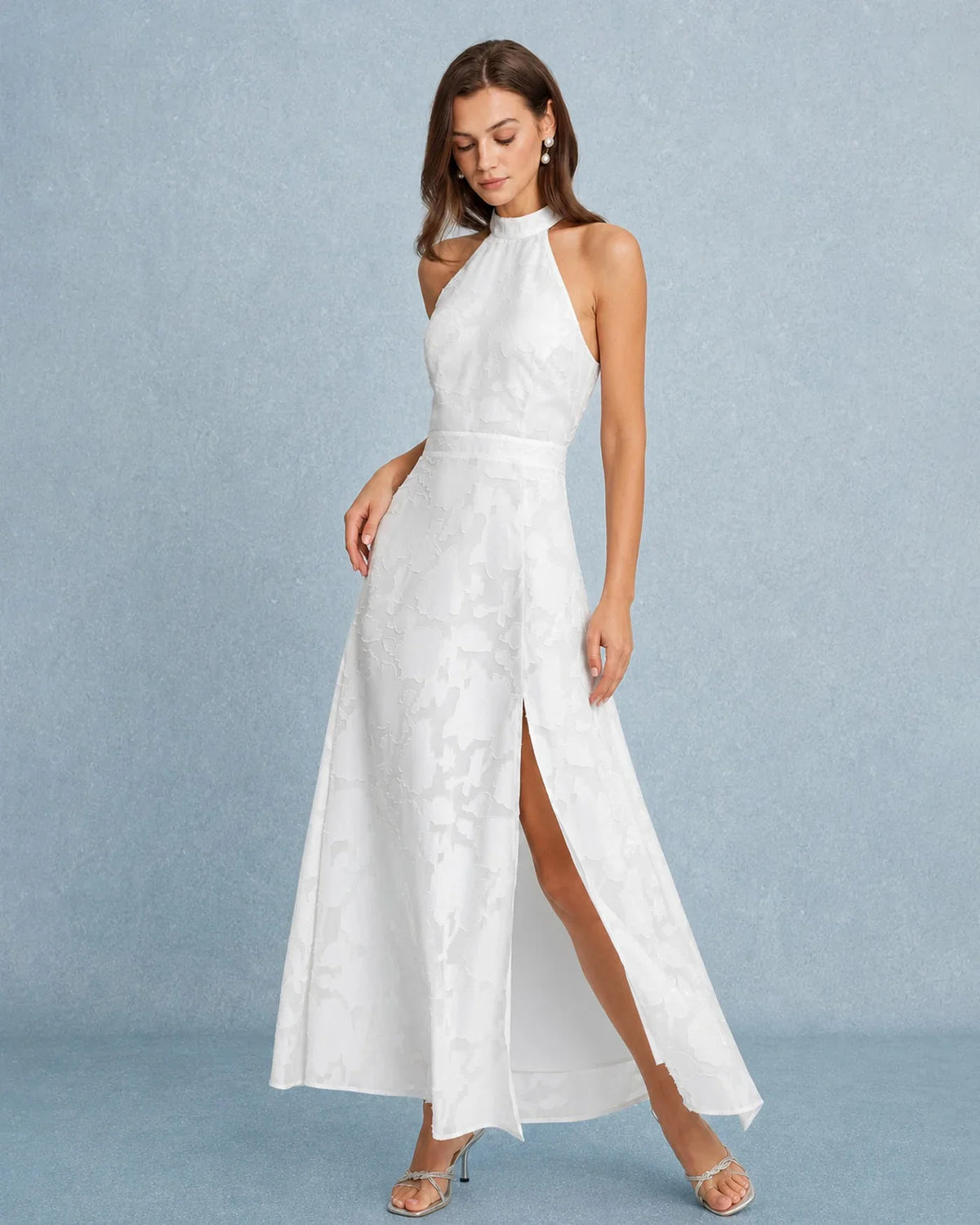 Yara | Wedding Guest Dress Cocktail Maxi Jacquard Floral Halter Neck A-Line Thigh Slit Sleeveless