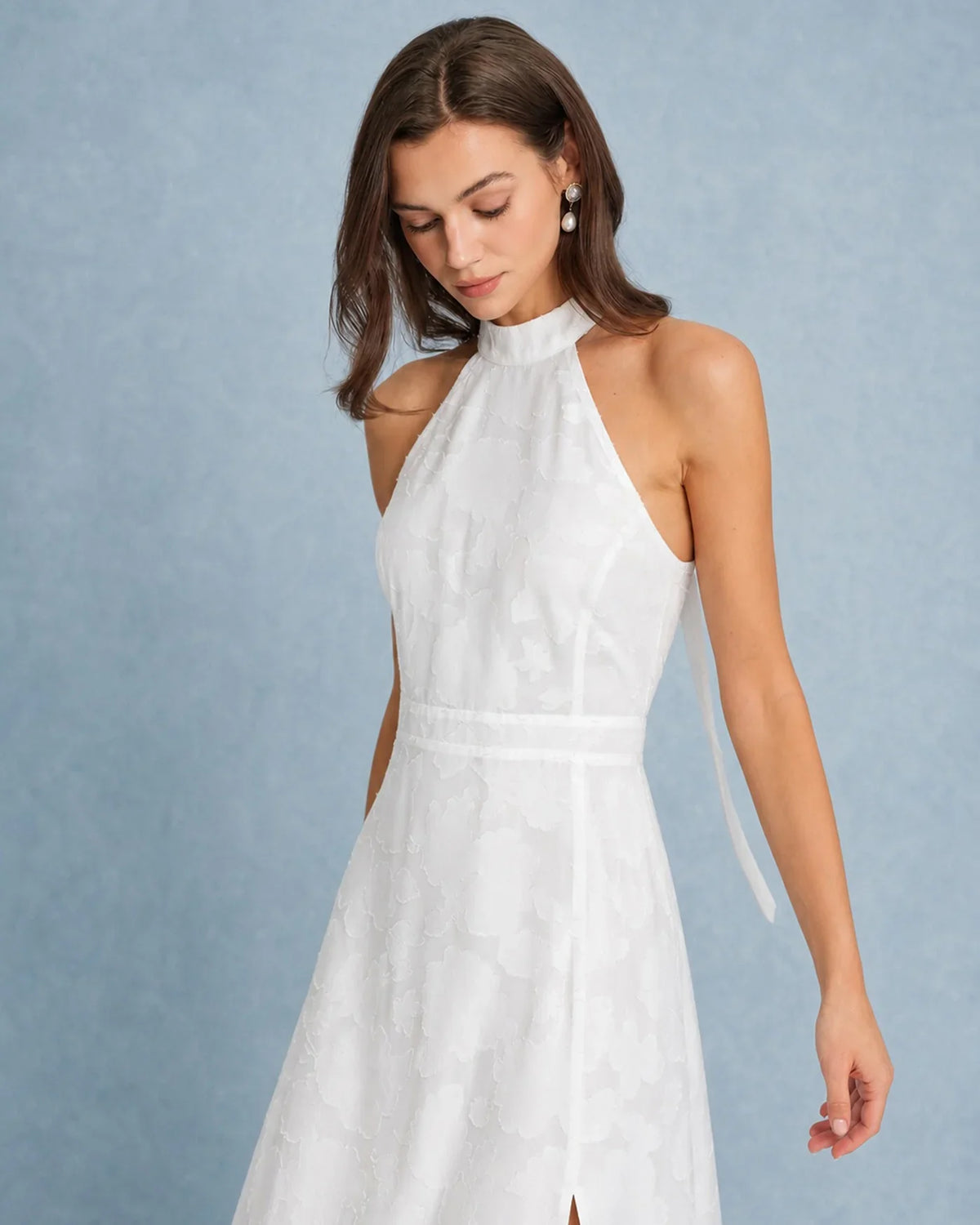 Yara | Wedding Guest Dress Cocktail Maxi Jacquard Floral Halter Neck A-Line Thigh Slit Sleeveless