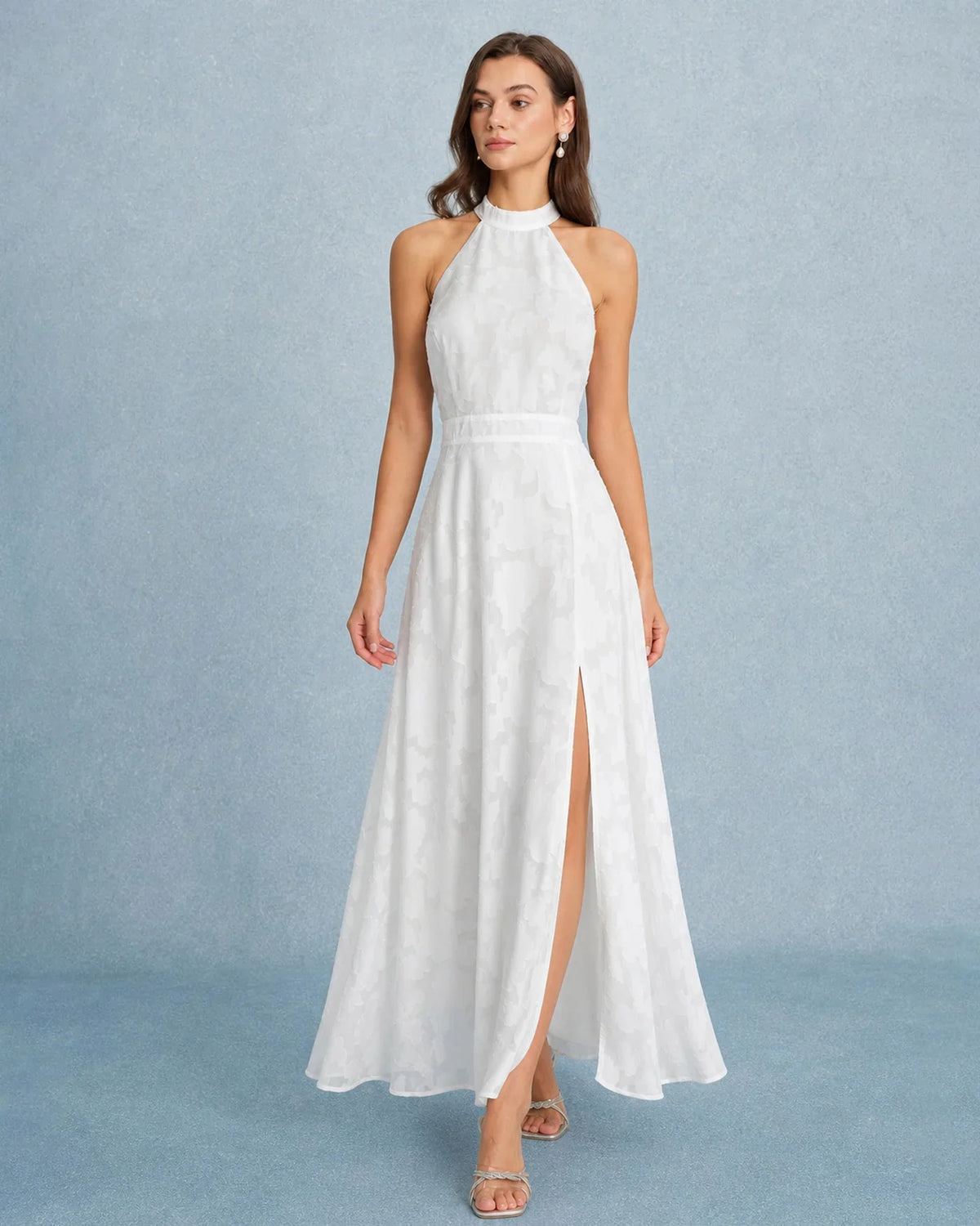 Yara | Wedding Guest Dress Cocktail Maxi Jacquard Floral Halter Neck A-Line Thigh Slit Sleeveless