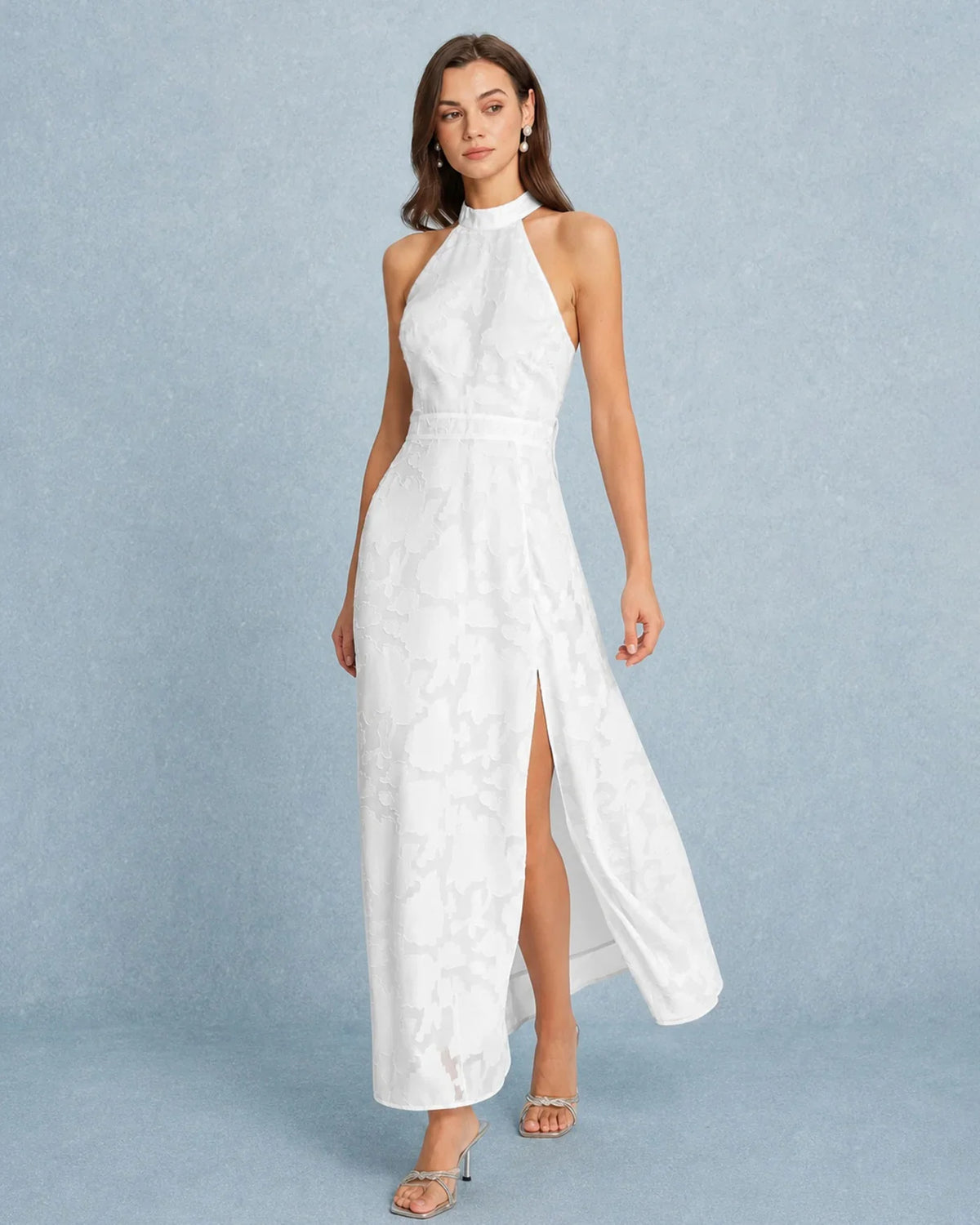 Yara | Wedding Guest Dress Cocktail Maxi Jacquard Floral Halter Neck A-Line Thigh Slit Sleeveless