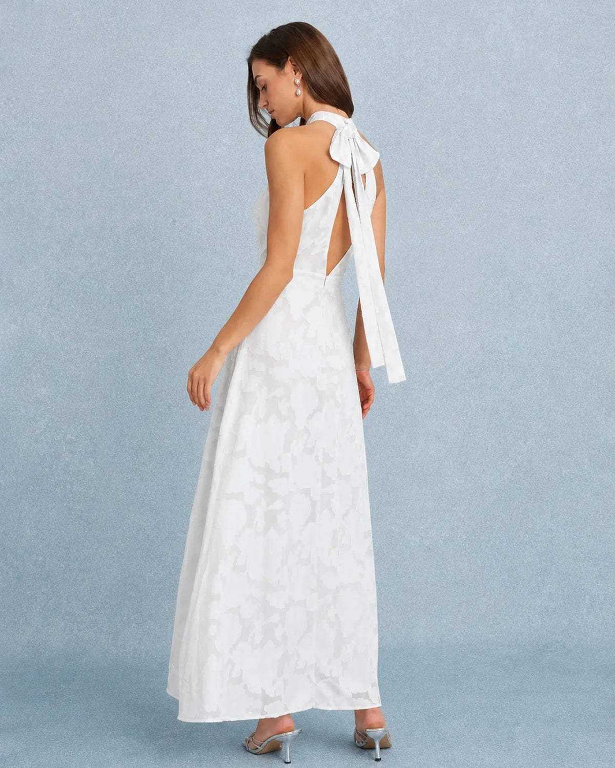 Yara | Wedding Guest Dress Cocktail Maxi Jacquard Floral Halter Neck A-Line Thigh Slit Sleeveless