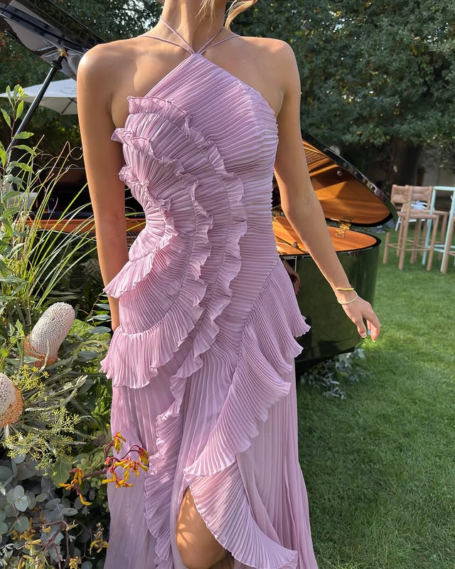 Quinn | Wedding Guest Dress Cocktail Maxi Halter Neck Pleated Ruffle Ruched Waist Sleeveless Formal