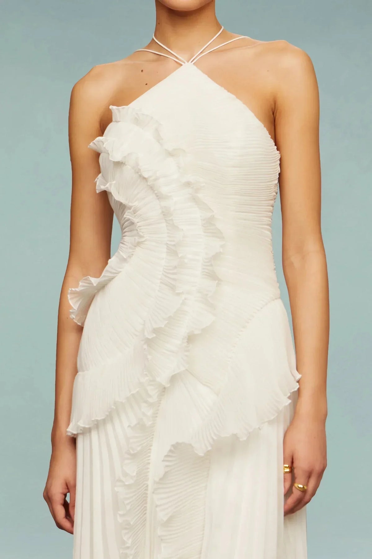 Quinn | Wedding Guest Dress Cocktail Maxi Halter Neck Pleated Ruffle Ruched Waist Sleeveless Formal