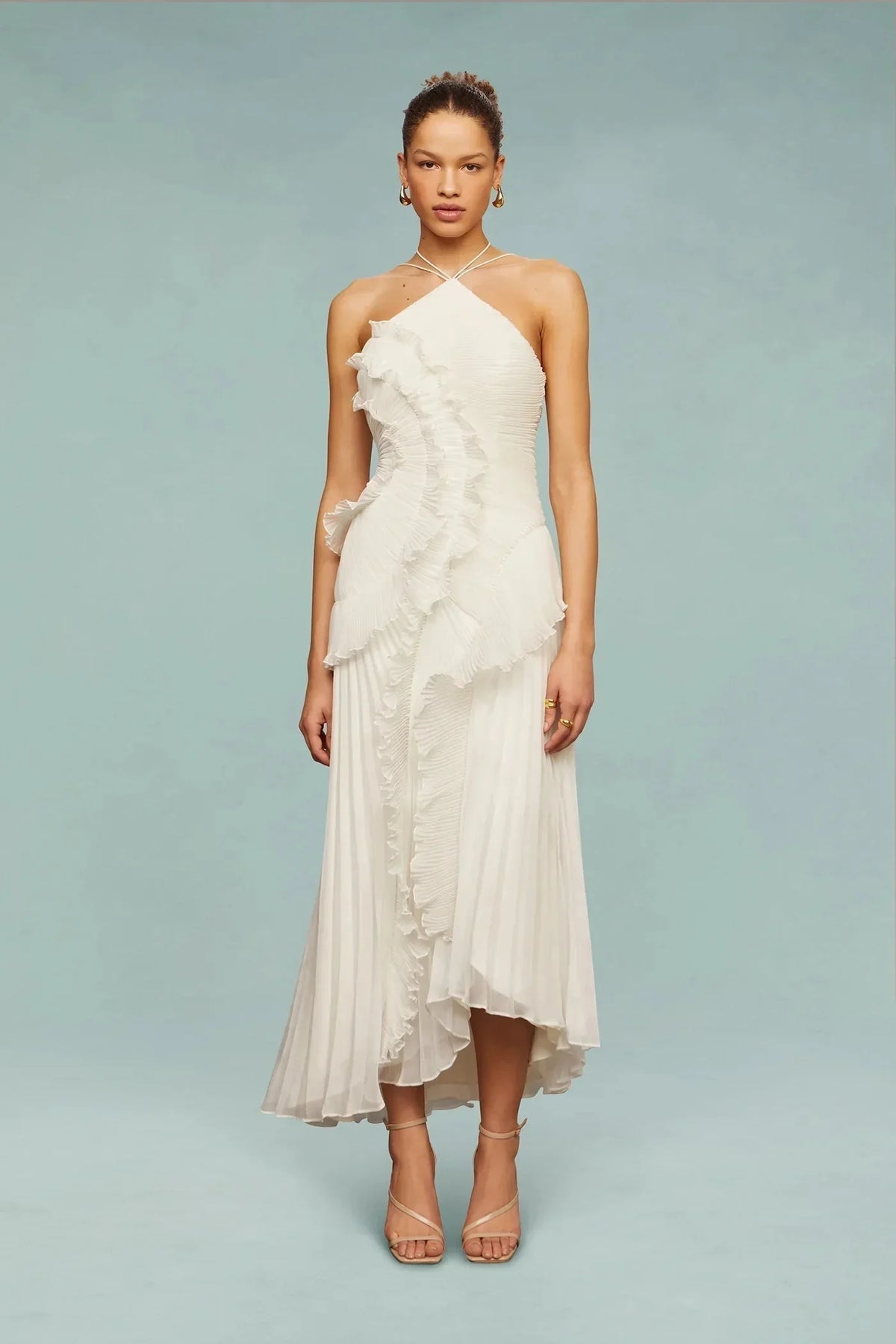Quinn | Wedding Guest Dress Cocktail Maxi Halter Neck Pleated Ruffle Ruched Waist Sleeveless Formal