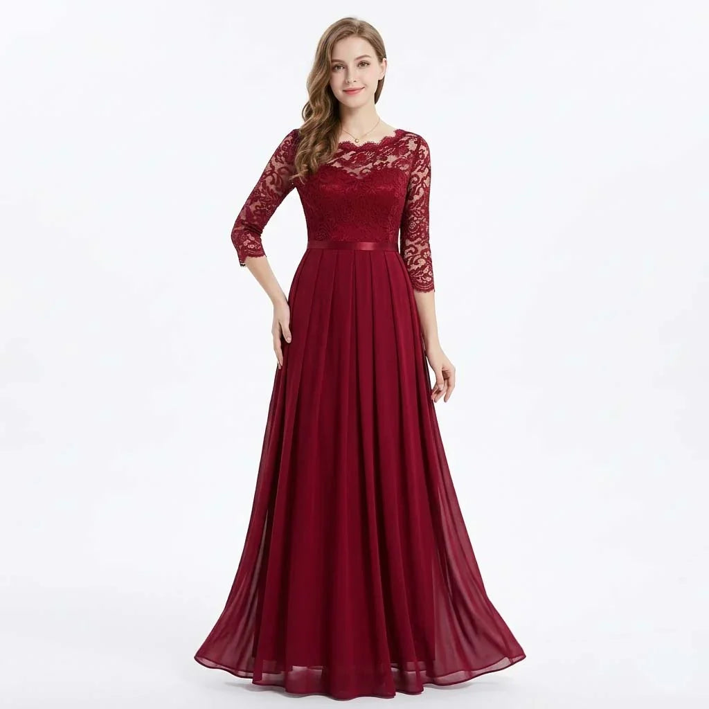 Helena | Wedding Guest Dress Maxi Dress Women Lace Pleated Chiffon Satin 3/4 Sleeve Formal