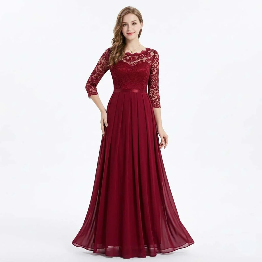 Helena | Wedding Guest Dress Maxi Dress Women Lace Pleated Chiffon Satin 3/4 Sleeve Formal