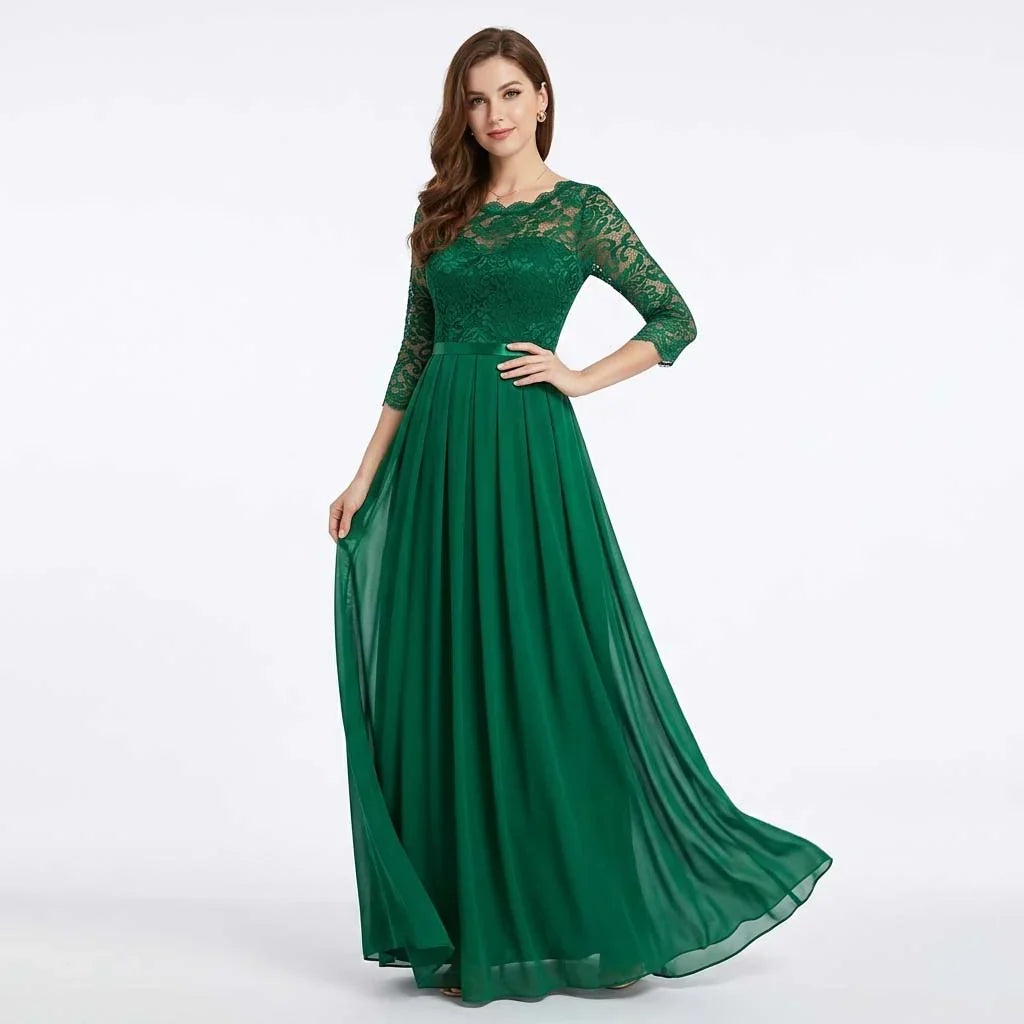 Helena | Wedding Guest Dress Maxi Dress Women Lace Pleated Chiffon Satin 3/4 Sleeve Formal