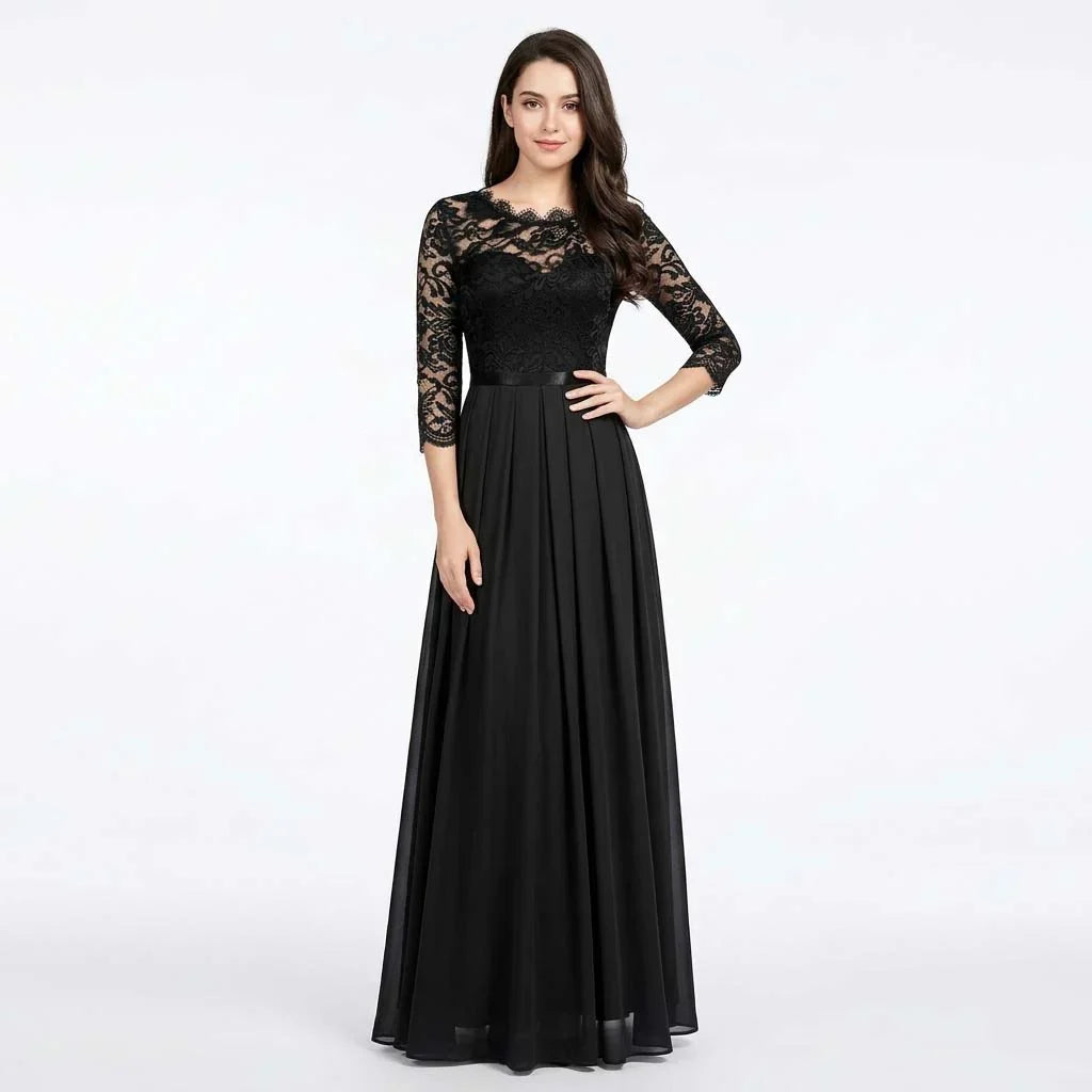 Helena | Wedding Guest Dress Maxi Dress Women Lace Pleated Chiffon Satin 3/4 Sleeve Formal