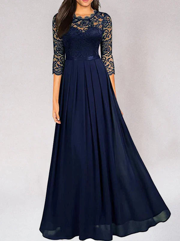 Helena | Wedding Guest Dress Maxi Dress Women Lace Pleated Chiffon Satin 3/4 Sleeve Formal
