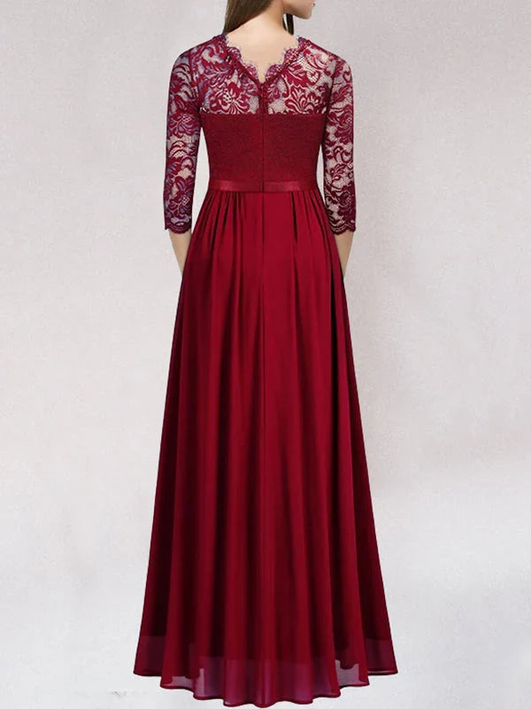 Helena | Wedding Guest Dress Maxi Dress Women Lace Pleated Chiffon Satin 3/4 Sleeve Formal