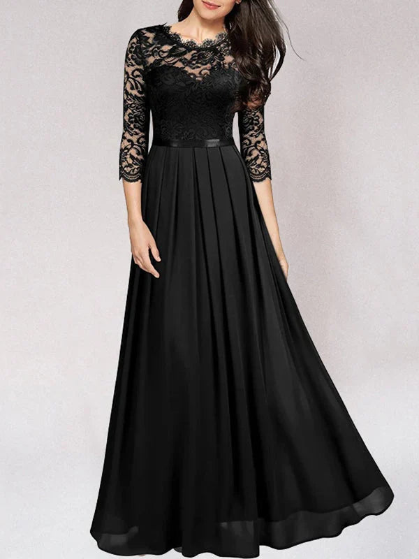 Helena | Wedding Guest Dress Maxi Dress Women Lace Pleated Chiffon Satin 3/4 Sleeve Formal