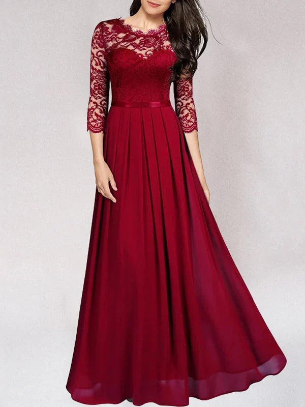 Helena | Wedding Guest Dress Maxi Dress Women Lace Pleated Chiffon Satin 3/4 Sleeve Formal