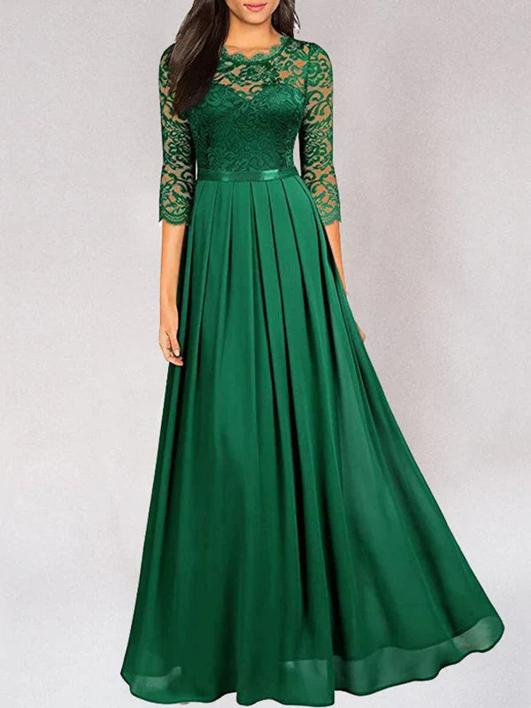 Helena | Wedding Guest Dress Maxi Dress Women Lace Pleated Chiffon Satin 3/4 Sleeve Formal